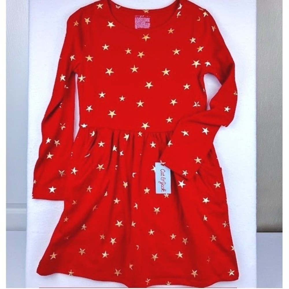 NWT Cat & Jack Red Gold Foil Star Long Sleeve Pocket School Dress‎ Size 10/12